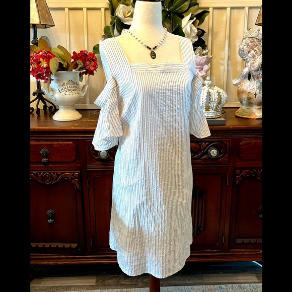 Madewell Ivory Striped Cold Shoulder Dress Size 12 - Picture 2 of 6